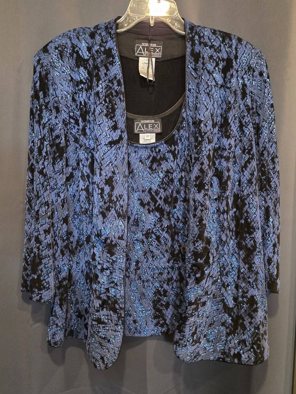 Alex Evenings Women's Blue and Black Sparkle Sleeveless Tank Top Jacket 2 Piece